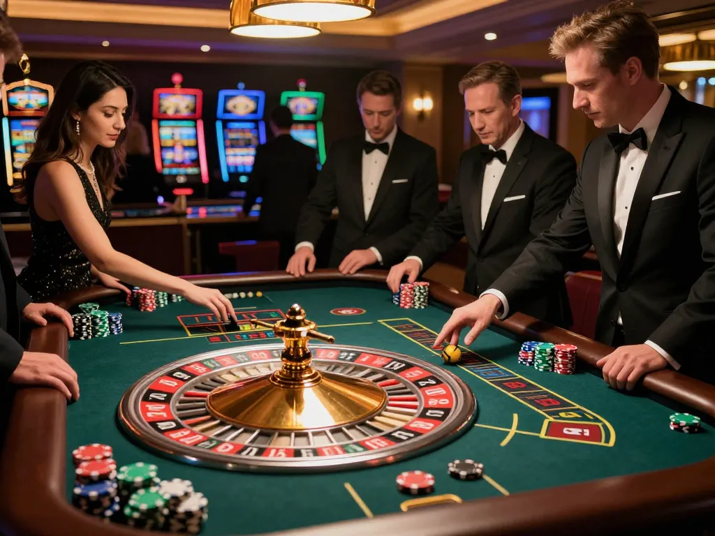 Engaging players in a Plagiat Scan-themed roulette game with chips and excitement in a luxury casino atmosphere