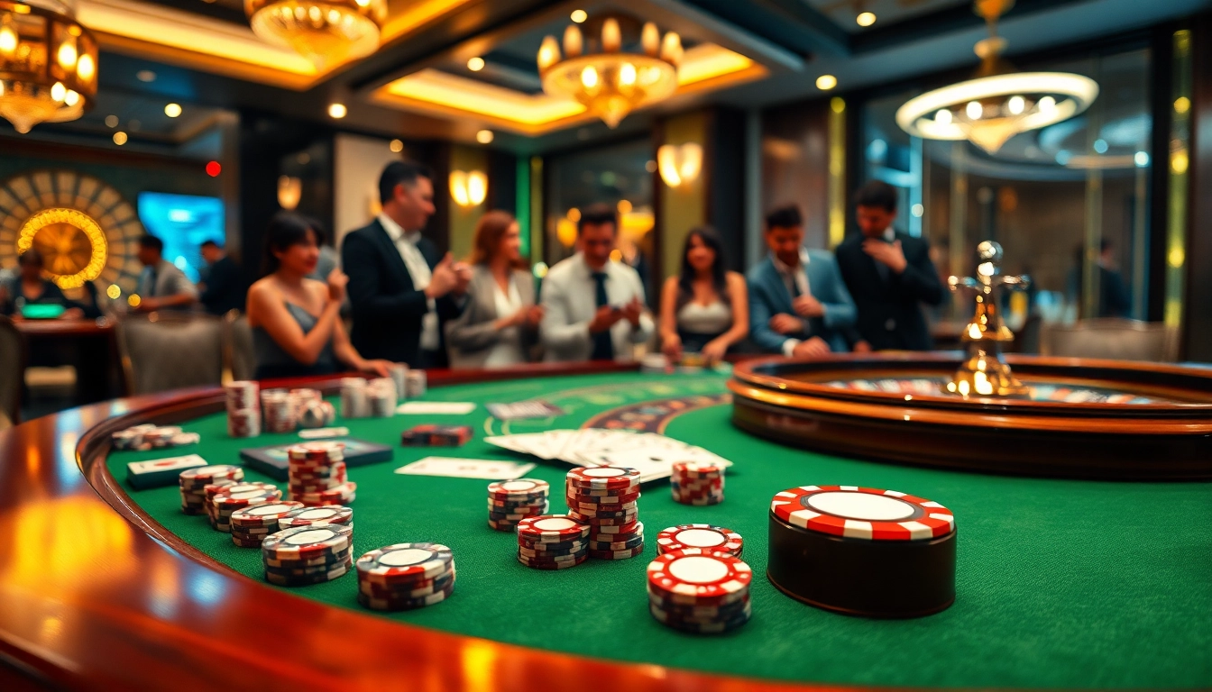 Engage in thrilling games at https://ok365.tw/ with a vibrant casino scene showcasing poker chips and roulette.