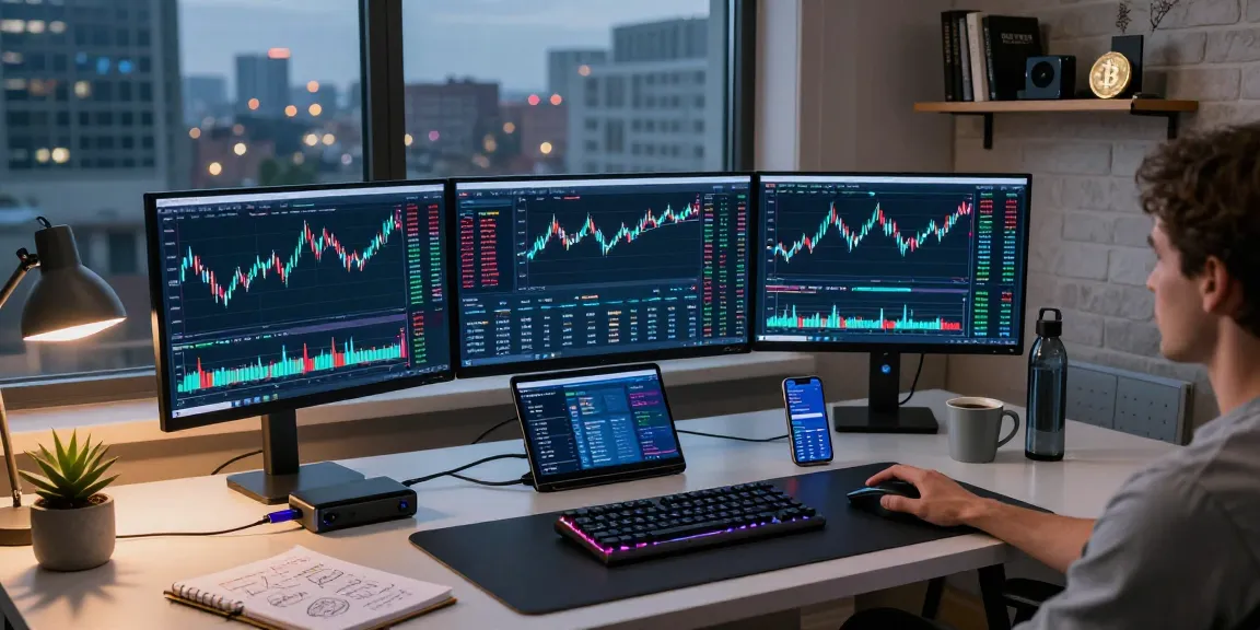 Professioneller Crypto-Handelsplatz mit hitpaw edimakor für Blockchain-Analyse, Bitcoin-Diagrammen und DeFi-Wallets im Hintergrund.