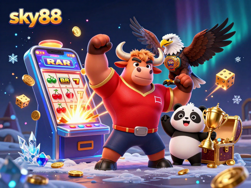 Sky88 jackpot scene featuring a muscular bull mascot, eagle, and panda surrounded by casino elements.
