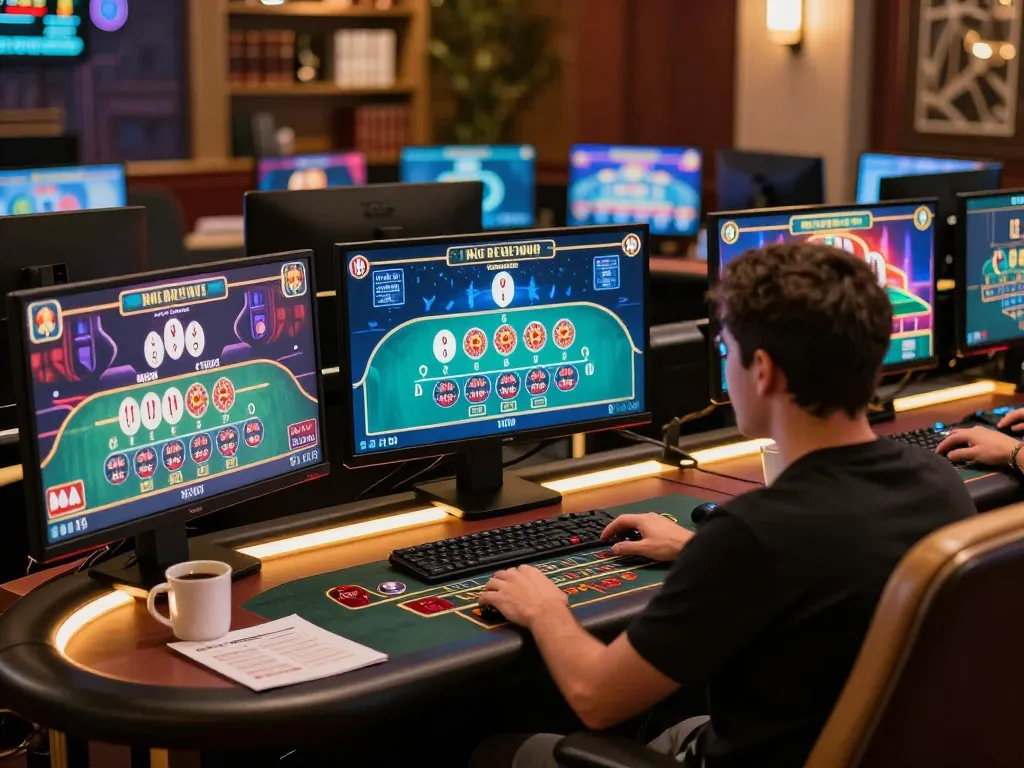 Engaging in nohu online casino gaming with multiple screens and vibrant graphics during a cozy night.