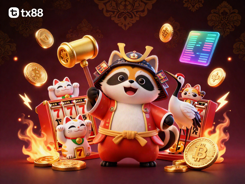 Experience the exciting world of tx88 with a vibrant casino scene featuring lucky tanuki, neon coins, and jackpot elements.