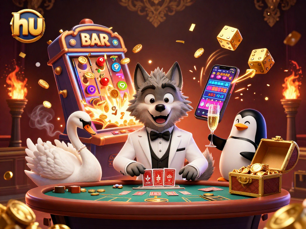 Experience excitement at hu's casino with animated characters enjoying gambling fun.