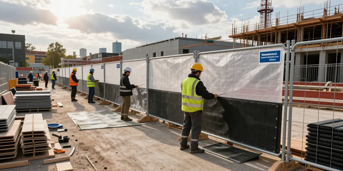 Lärmschutzmatten für Standard Bauzaun 3,5 Meter auf einer Baustelle, die Schallschutzmatten werden sicher befestigt, um Baulärm zu reduzieren.
