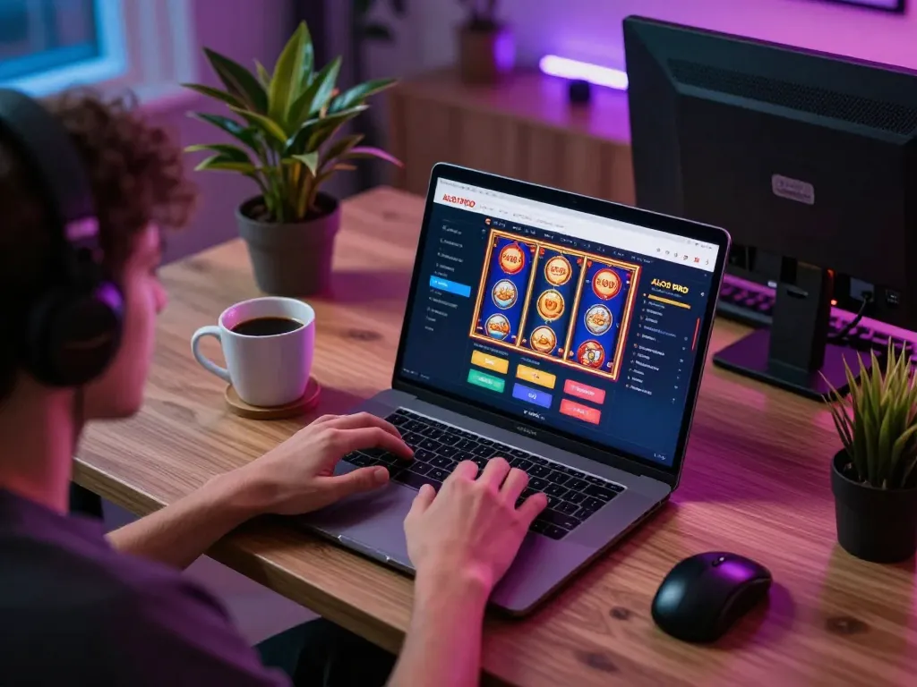 Engaging online gaming scene with ALO8 PRO interface, showcasing a lively player's experience with colorful slot graphics.