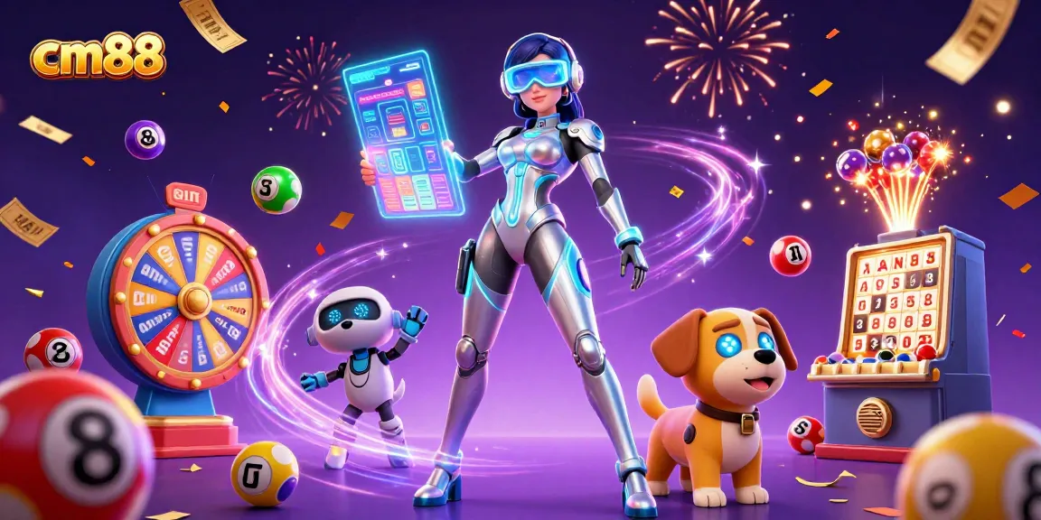 Engage in vibrant cm88 casino thrills with a stunning woman, robot dog, and dynamic lottery elements.