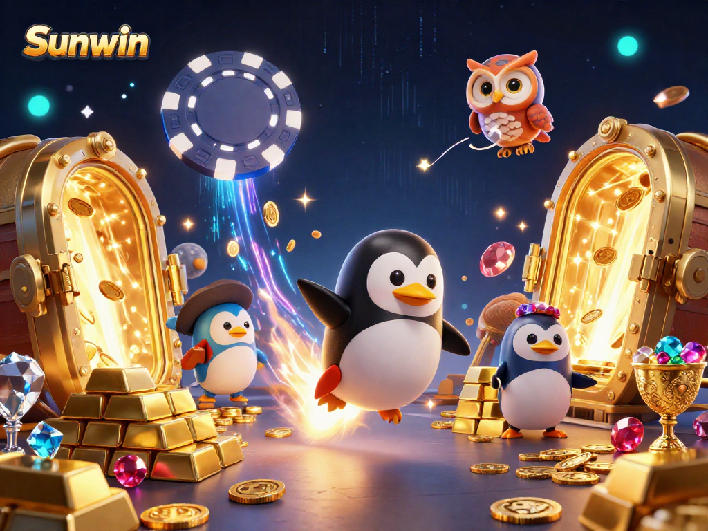 Experience the excitement of Sunwin as the rocket penguin races toward a casino space station amidst gold and gems.