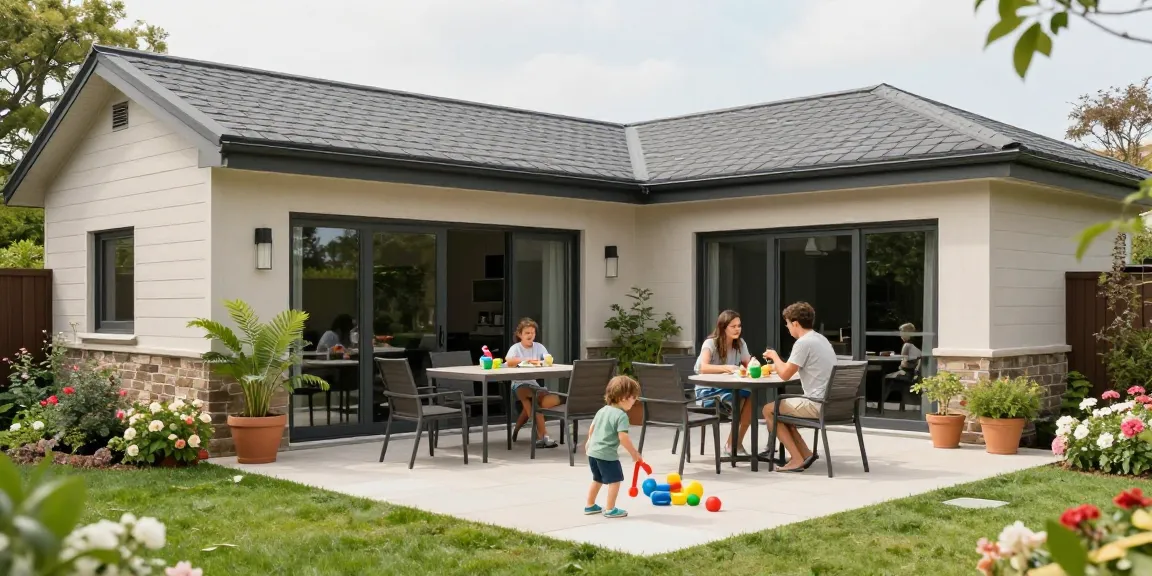 Moderne freistehende Terrassenüberdachung im Garten mit Familie und Pflanzen.