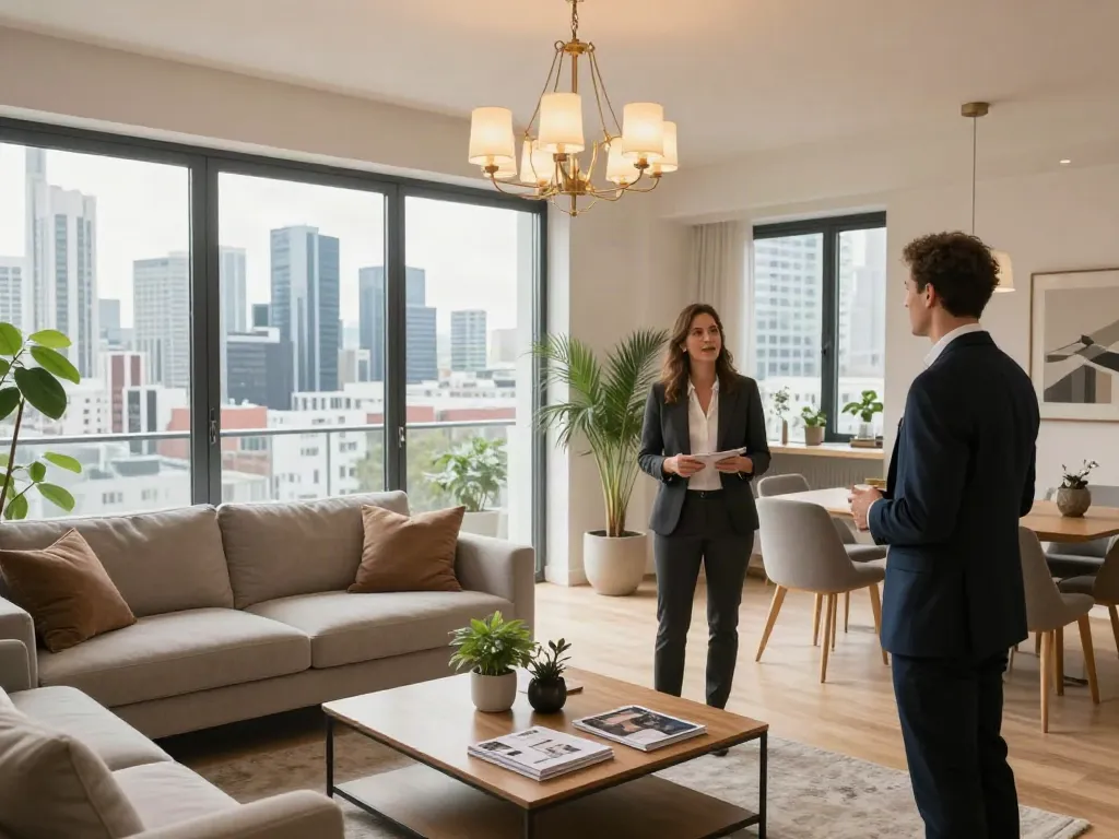 Bester Immobilienmakler Frankfurt präsentieren stilvolles Apartment in Frankfurt mit natürlichem Licht und eleganten Möbeln.