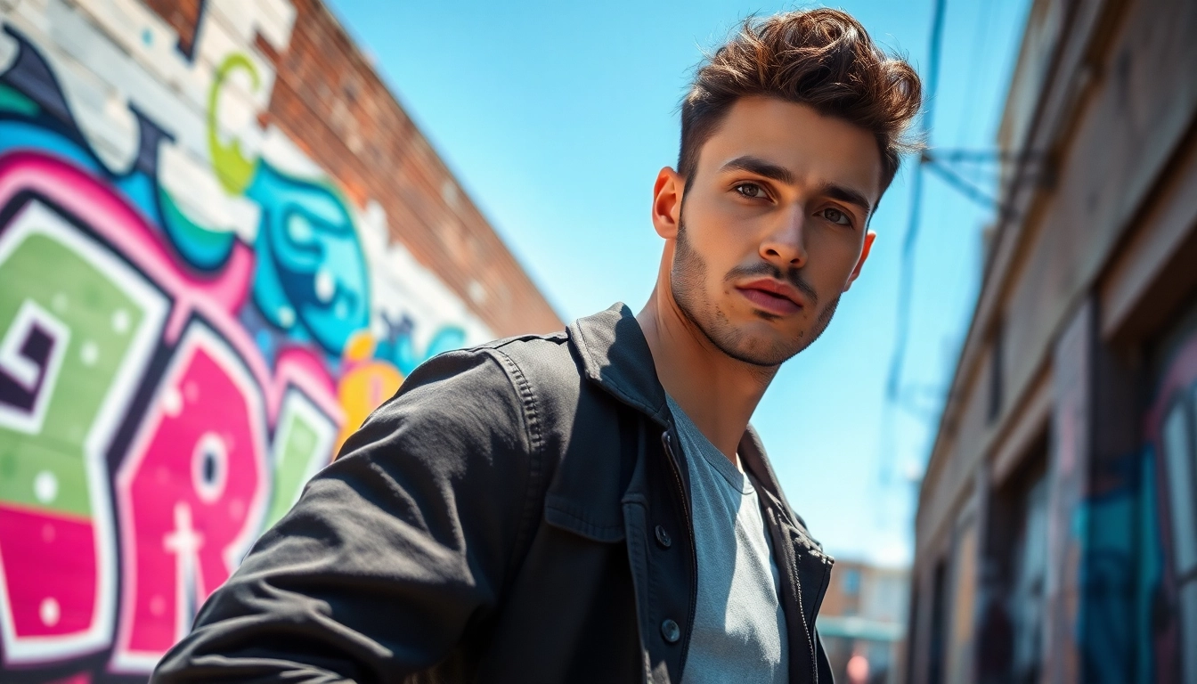 Tinder bilder eines männlichen Models in einer urbanen Kulisse mit lebhaftem Graffiti.