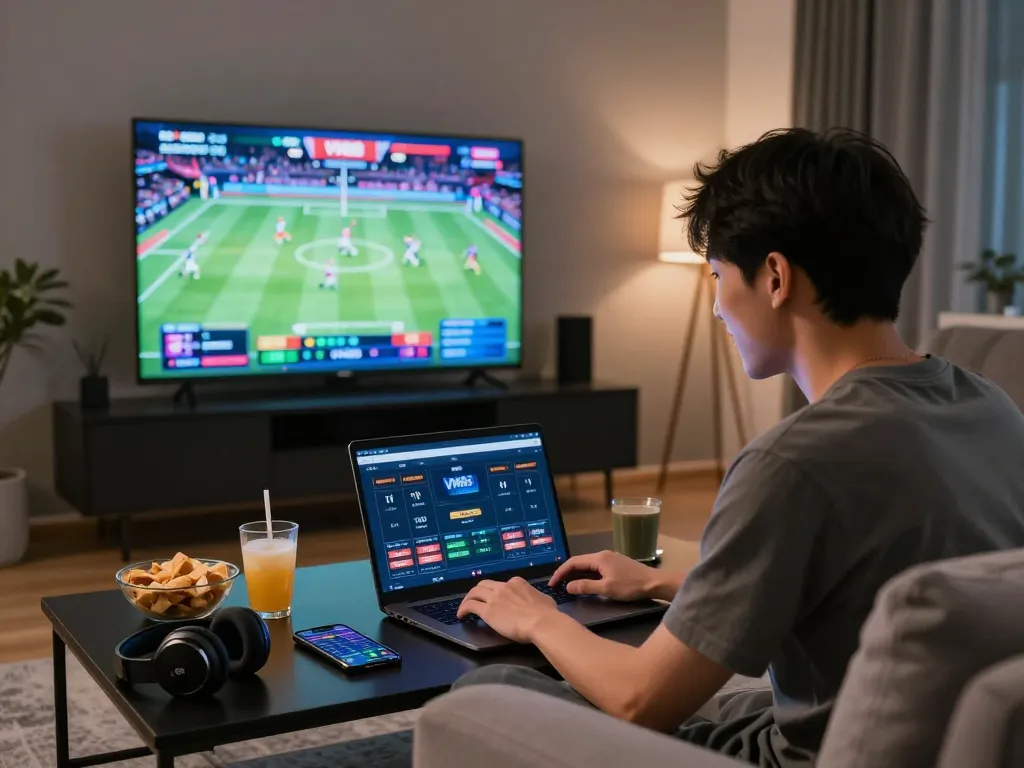 Young adult engaging with VN88 online betting platform in a cozy living room.