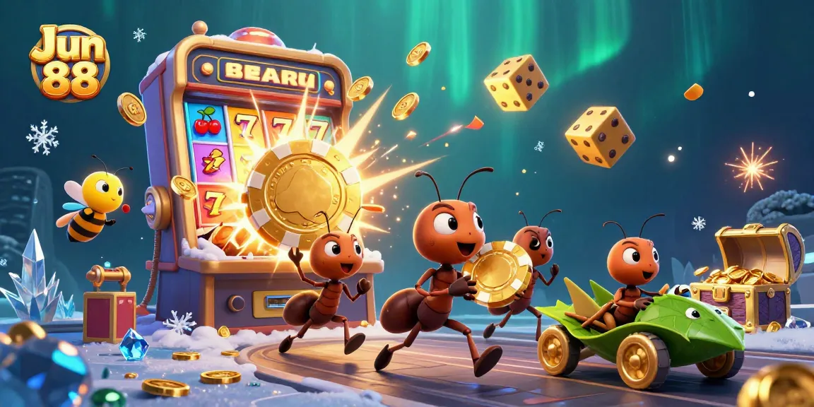 Join the action at Jun 88 as a team of cartoon ants carries a massive poker chip in a vibrant casino heist.