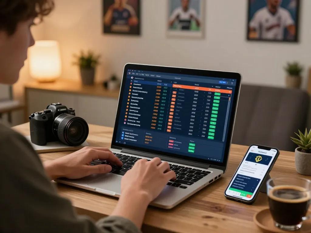Engaging online betting moment using aud77 displayed on laptop, warm lighting and sports memorabilia enhancing the atmosphere.