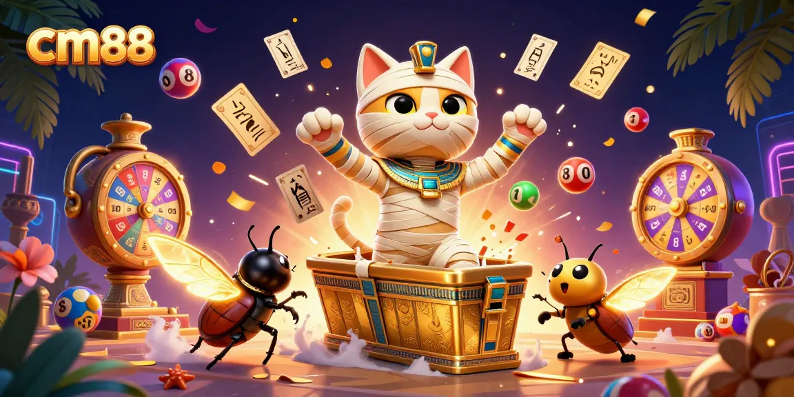 Bet on exciting games with cm88 featuring a 3D mummy cat in a vibrant casino scene.