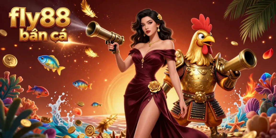 Engage with fly88 bắn cá in this vibrant, dynamic 3D illustration featuring fish shooting action and characters in a casino setting.