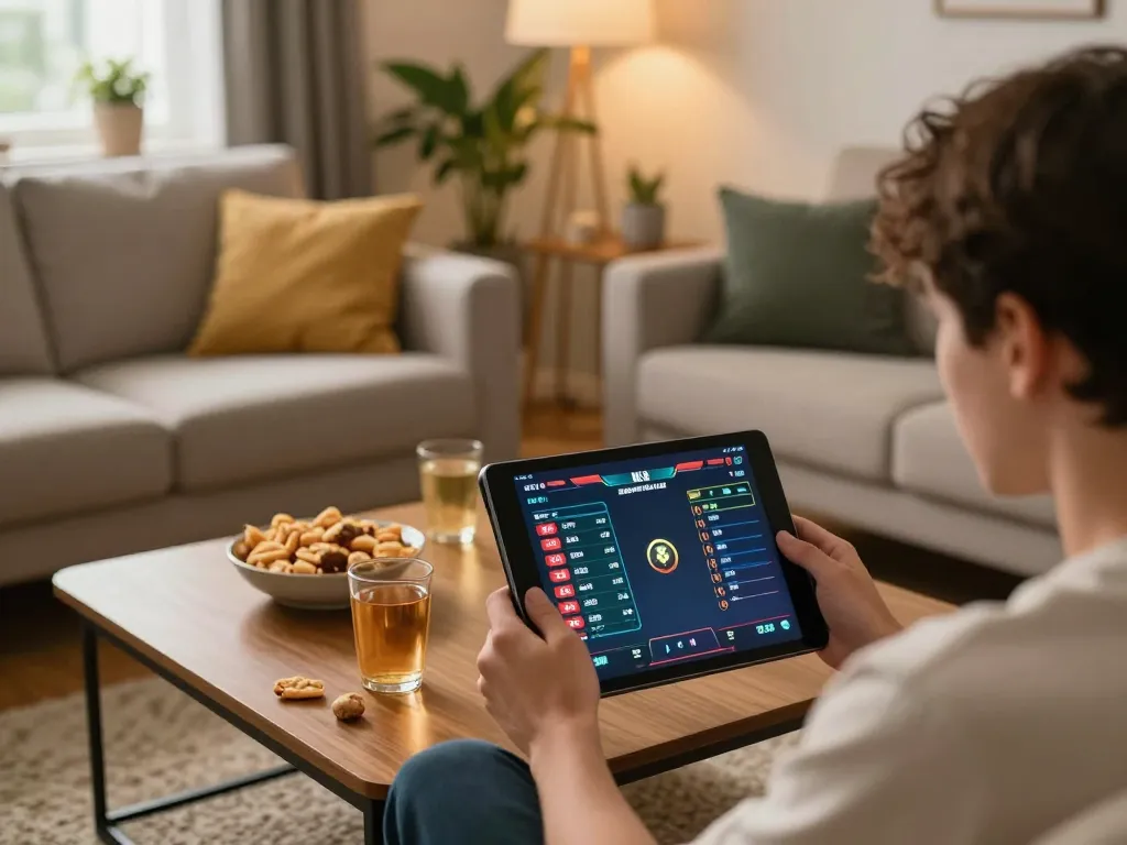 Engaging in MK8 online betting from a cozy home setup with tablet displaying live odds.