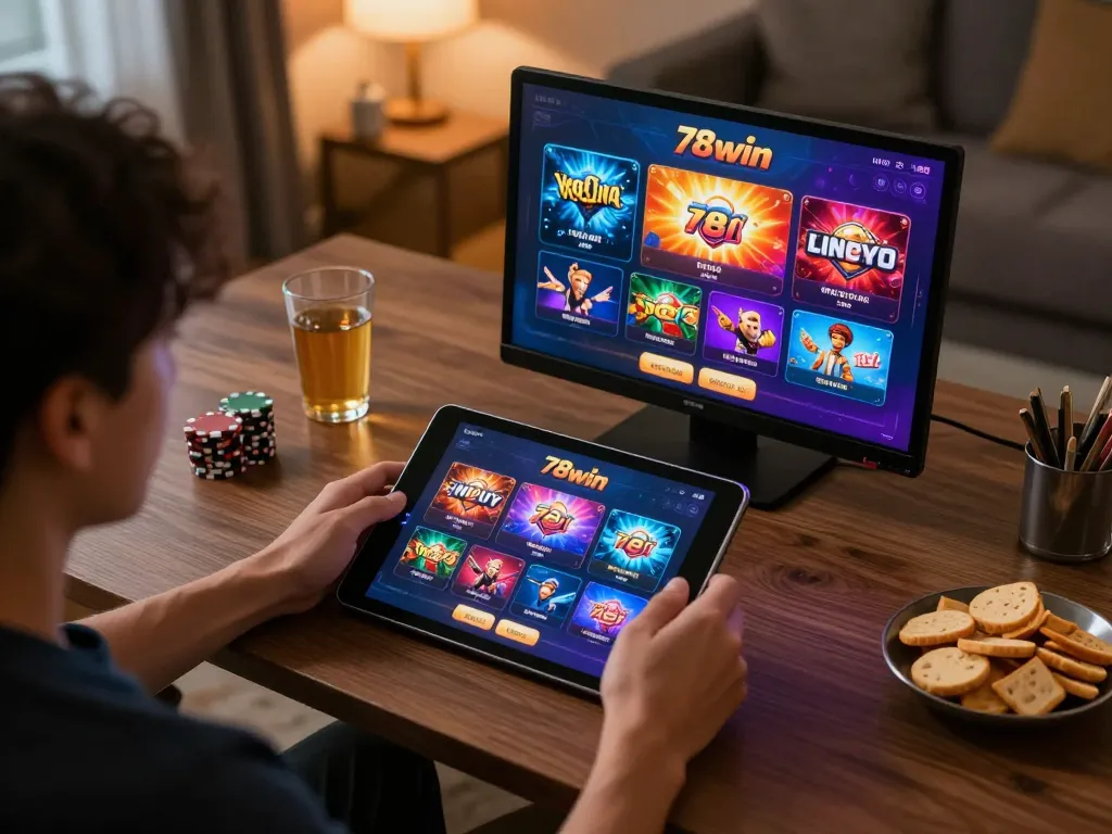 Engaging with the nhà cái 78win app to place bets and play games in a cozy online gambling setup.
