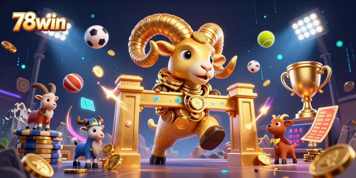 Engaging action at 78win with a golden ram charging through a vibrant casino scene filled with sports and excitement.