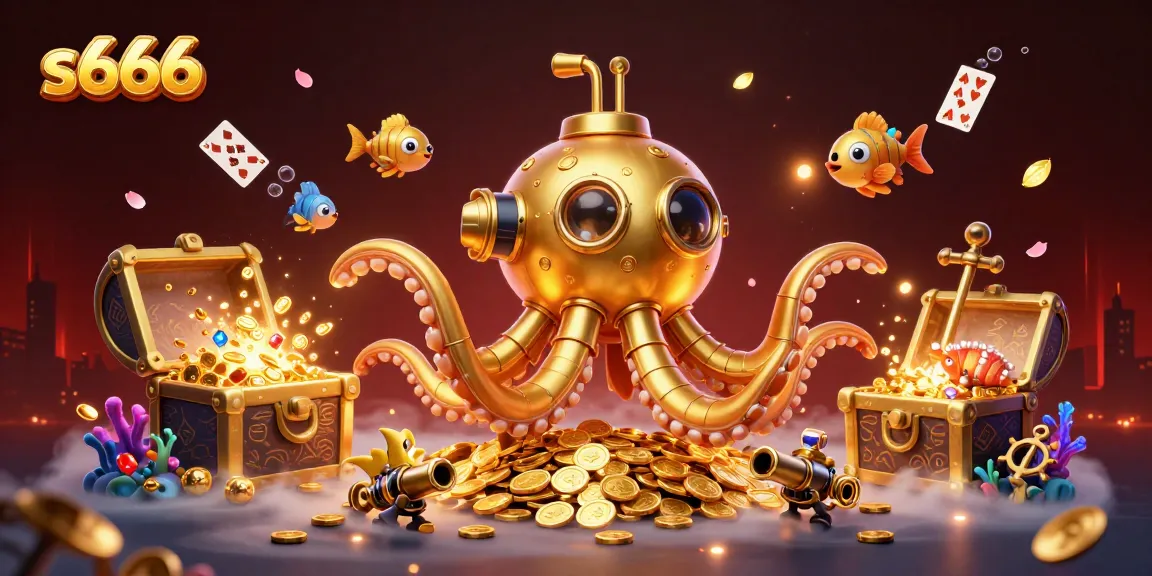 Engage with s666 casino dynamics through our vibrant illustration of a golden kraken and treasure.