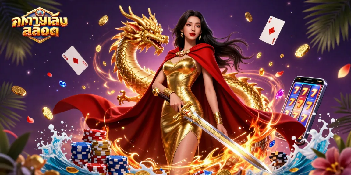 Engage in ทดลองเล่นสล็อต with vibrant golden coins, dynamic slot reels, and a warrior queen in a casino-themed illustration.
