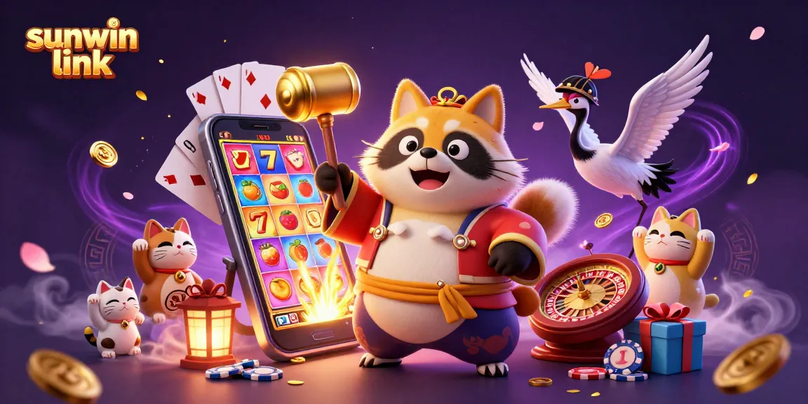 Play exciting casino games with sunwin link featuring a cheerful tanuki and colorful symbols.