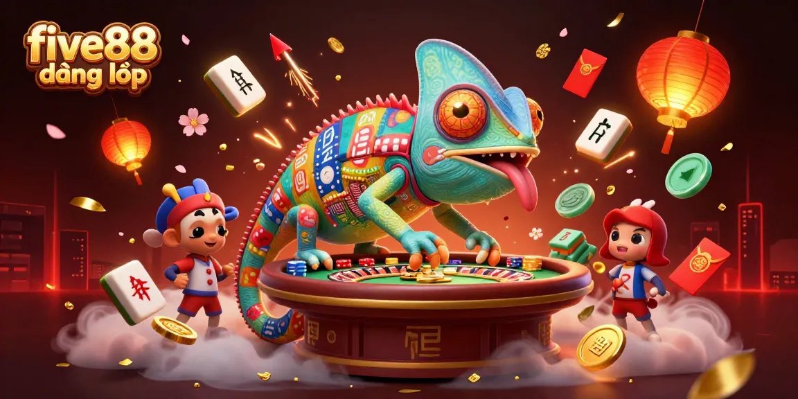 Engage in exciting gameplay with five88 đăng nhập, featuring a vibrant casino scene with chameleon owner and festive elements.