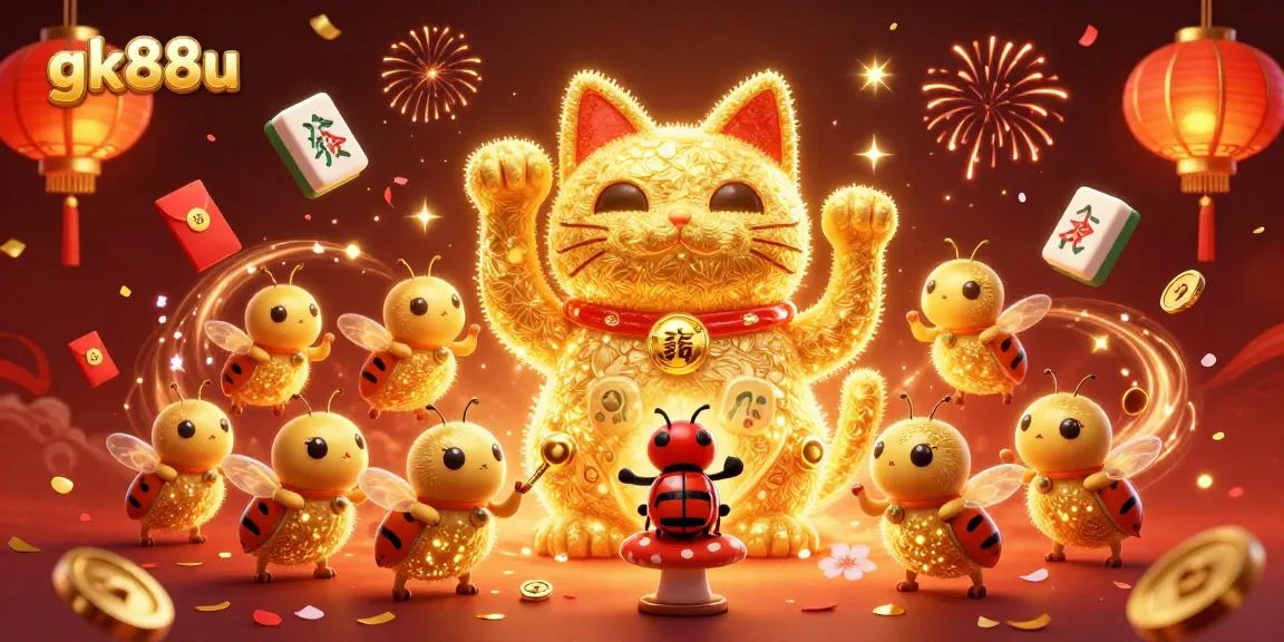 Experience the excitement of gk88u with a vibrant 3D illustration showcasing a lucky cat controlled by a beetle amidst dynamic casino symbols.