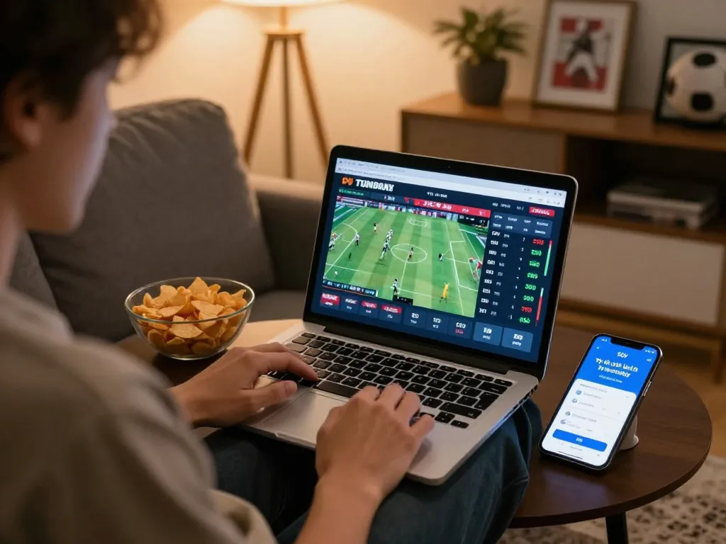 Tỷ lệ kèo nhà cái hôm nay displayed on a laptop screen during a cozy sports betting session at home.