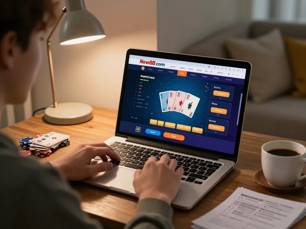 Engaged player strategizing on New88 com gaming interface from home.