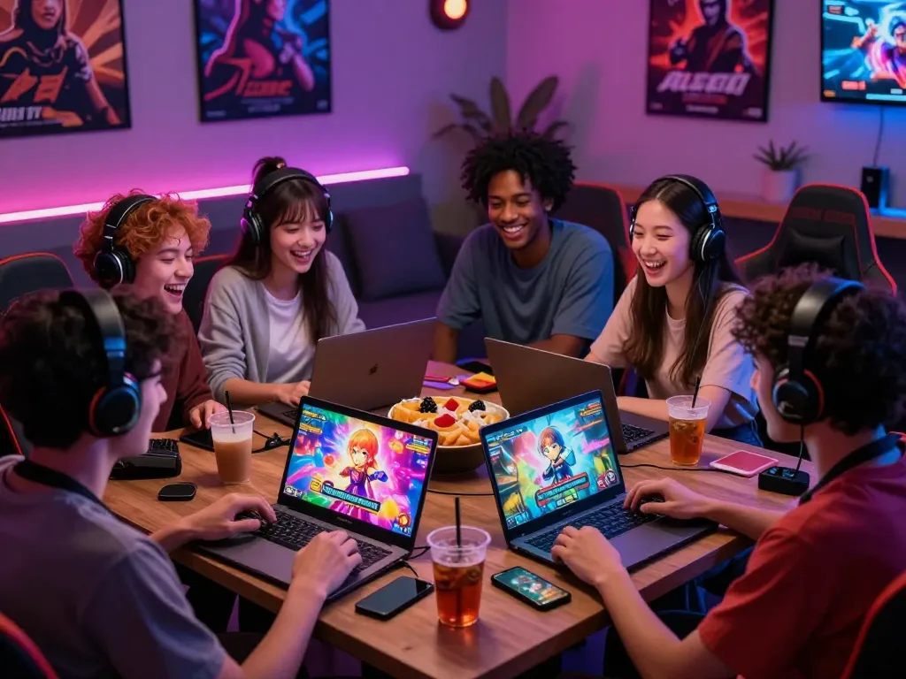 Engaging group playing porn game online in vibrant gaming lounge with devices and snacks