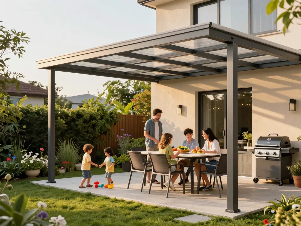Schöne Außenterrasse mit einer modernen Terrassenüberdachung, Familie genießt wertvolle Zeit miteinander.