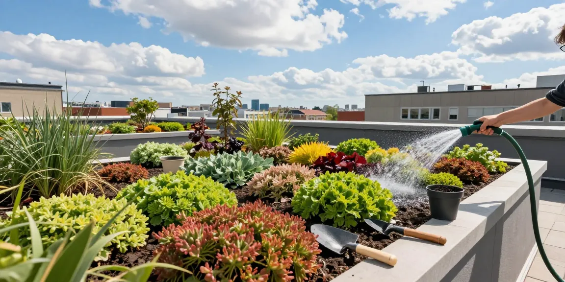 Intensive Dachbegrünung in einem üppigen urbanen Dachgarten mit lebhaften Sedum-Pflanzen angezeigt.