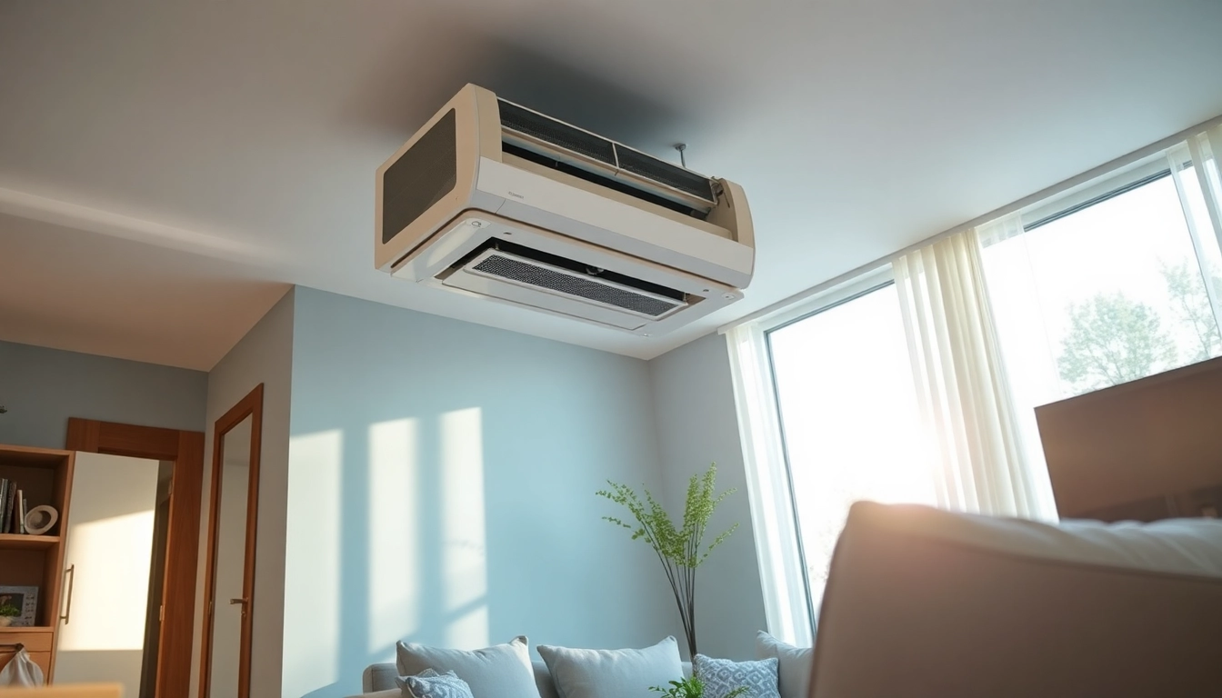 Klima installieren: Technicians expertly install an air conditioning system in a stylish living room.
