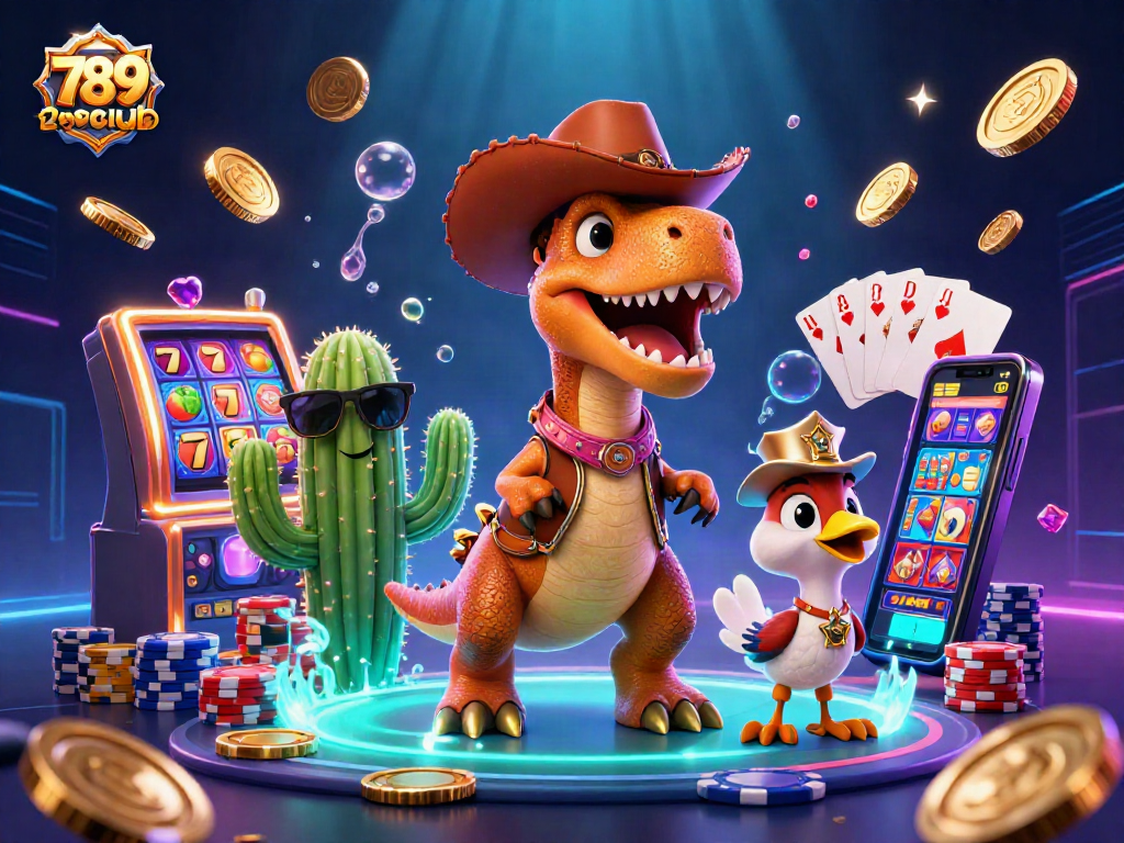 Experience the thrill of 789club with a vibrant 3D illustration featuring dynamic casino elements and lively characters.