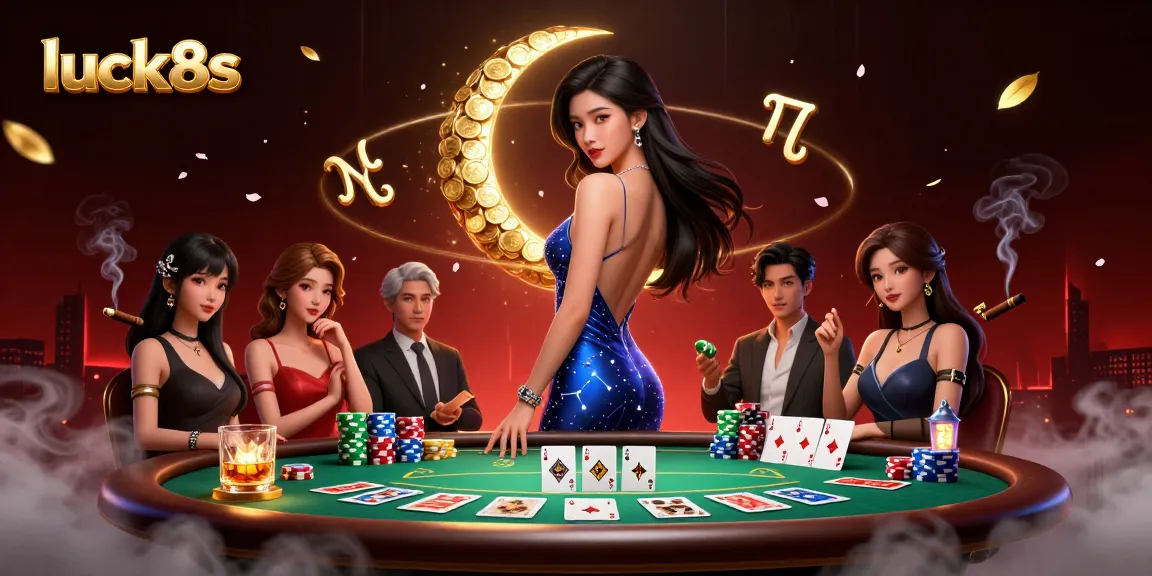 Engage with luck8s in a vibrant casino scene featuring an elegant Asian woman surrounded by poker elements and dynamic game action.