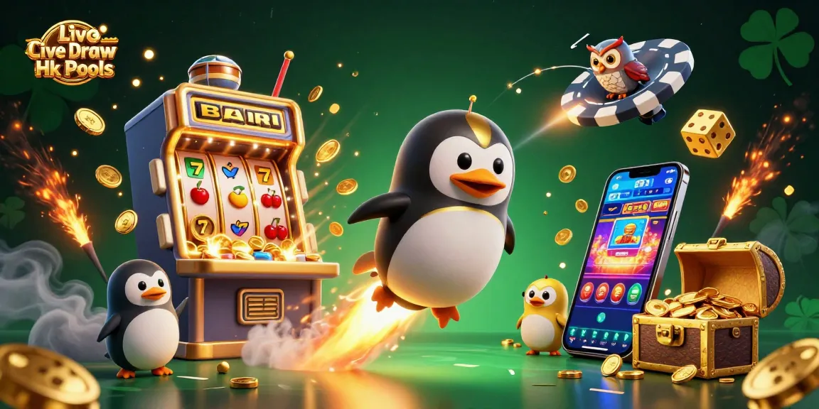Experience the excitement of Live Draw Hk Pools with a golden penguin racing towards a casino station amid jackpot explosions.