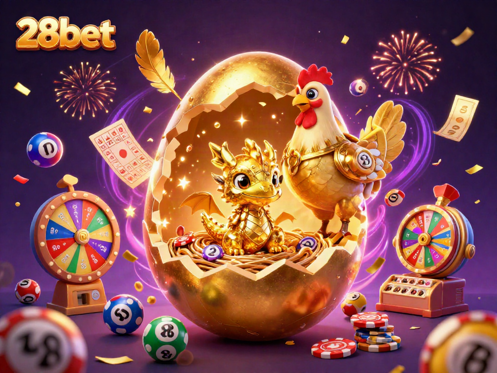 Engage in exciting 28bet gameplay with vibrant golden dragon and festive gambling elements.