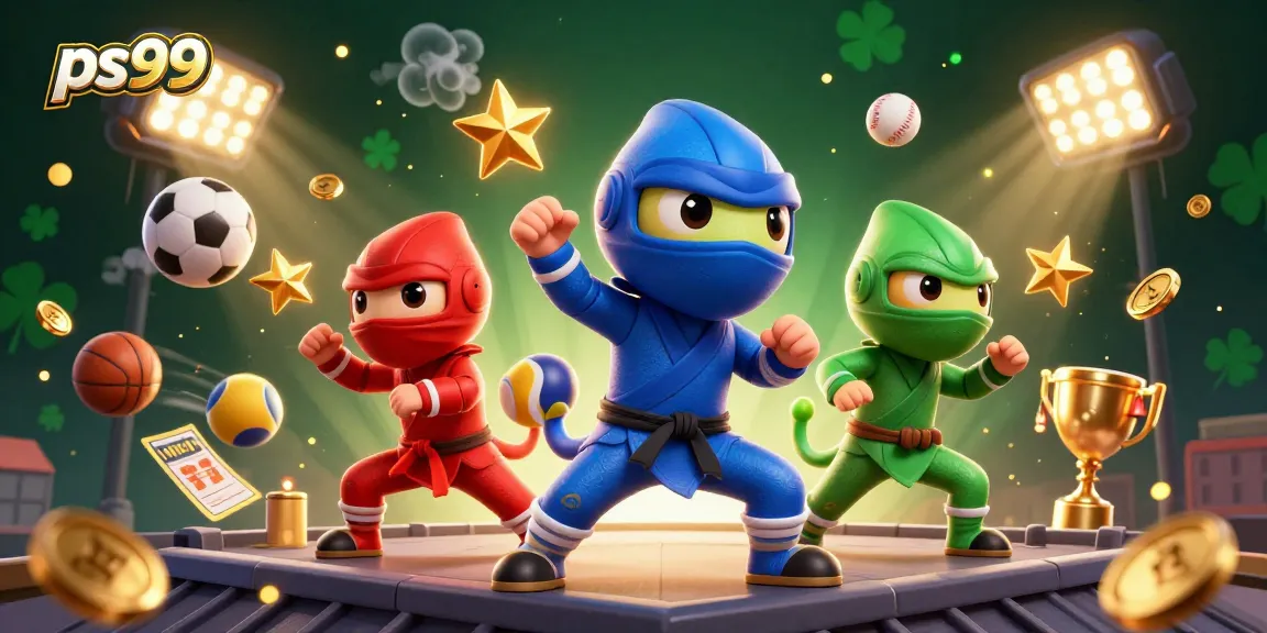 PS99 showcases a vibrant, energetic 3D casino scene with chameleons and sports elements.