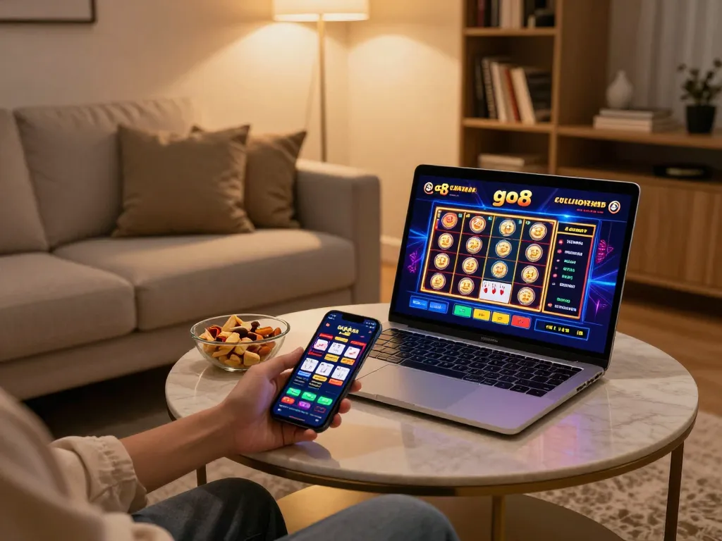 Engaging online gaming setup showcasing go8 casino interface on laptop and betting app on phone