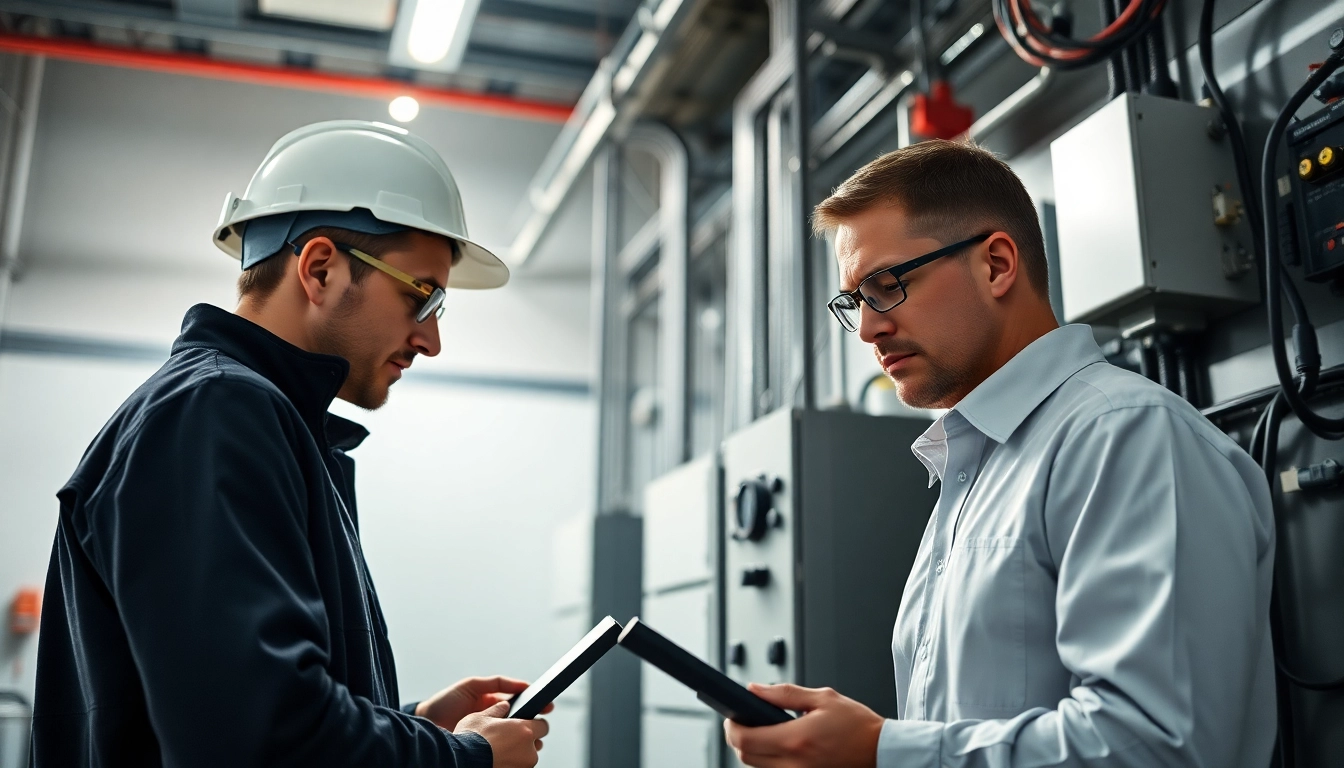 Prüfservice-Experten bei der Inspektion elektrischer Geräte in einem modernen Industrieumfeld.