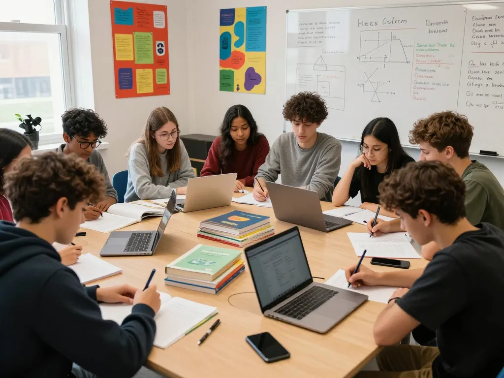 Studenten arbeiten gemeinsam am Hausaufgaben lösen in einem lebhaften Lernraum