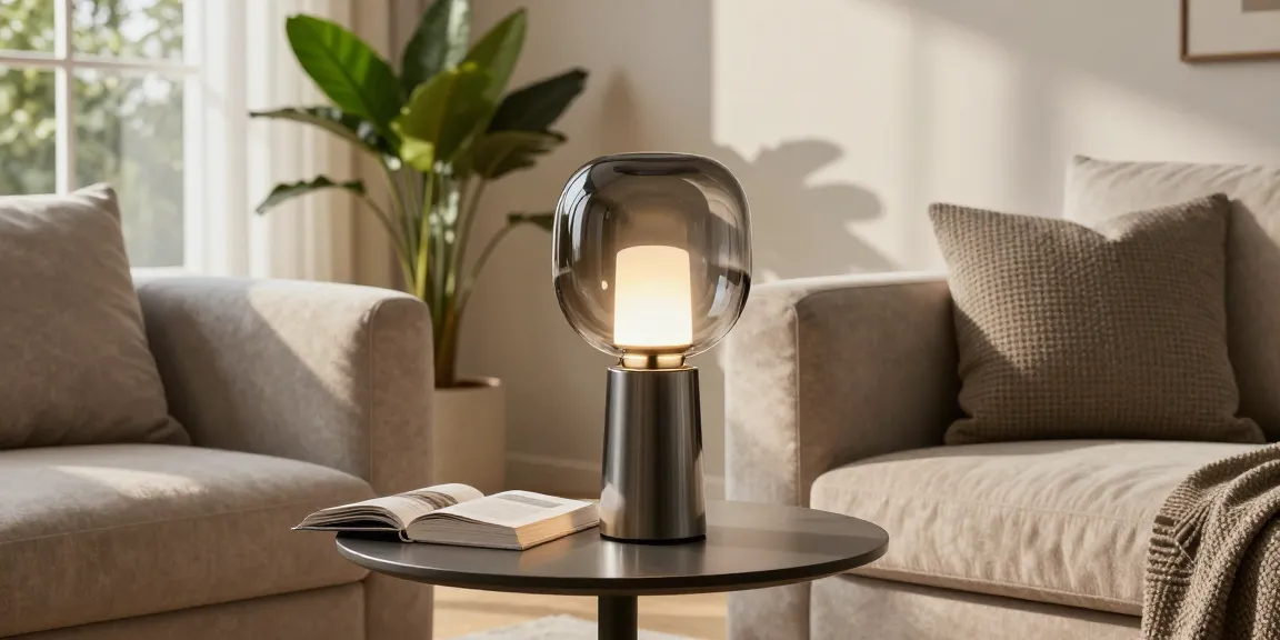 Elegantes Wohnzimmer mit Tischlampen Rauchglas auf dem Beistelltisch, das eine warme Atmosphäre schafft.