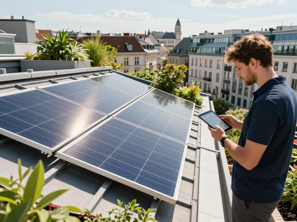 Installation von Solarpanelen in Wohngebieten von Solar Wien, die einen Techniker und einen Hausbesitzer in Wien zeigt.