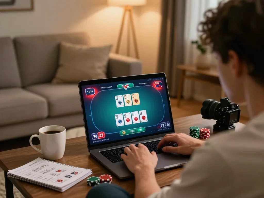 Player engaged in online poker at https://vmax99.vip/, showcasing a cozy home environment with strategy notes.