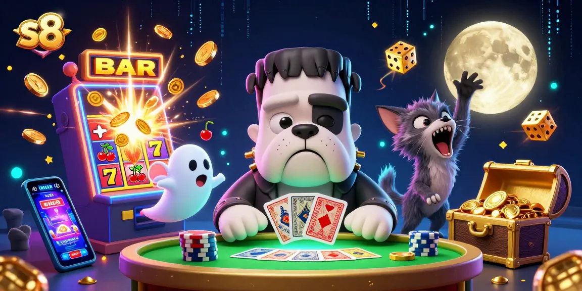 S8 casino gameplay with a Frankenstein bulldog dealer and a werewolf kitten in a dynamic setting.