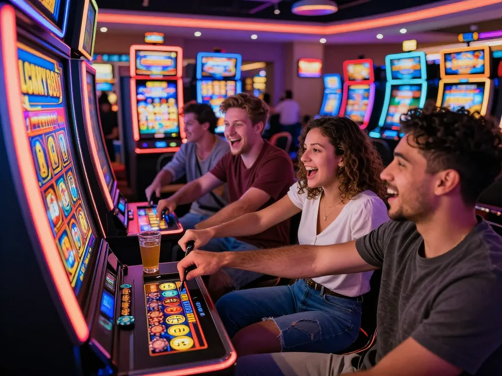 Excitement at the Lucky 88 slot machine in a vibrant casino, friends celebrating wins.