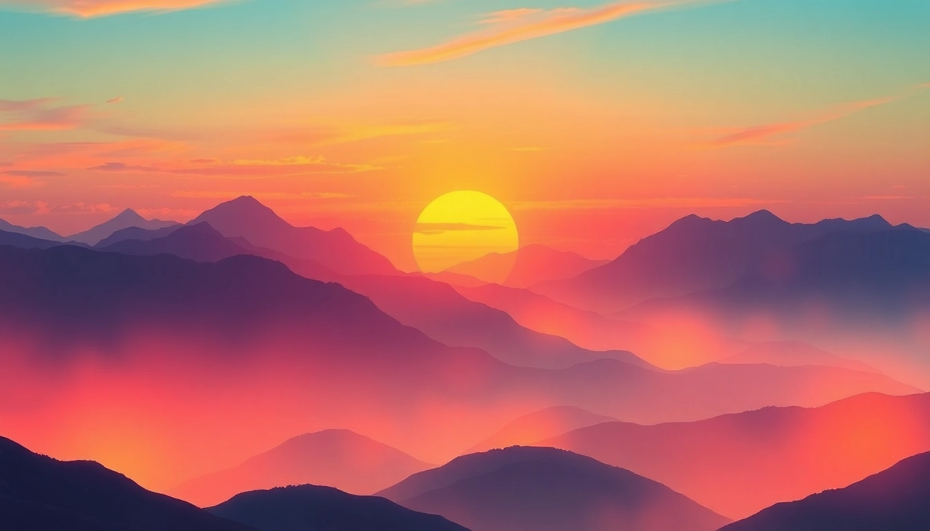 Explore captivating landscapes created by AI image generators, featuring colorful mountains and surreal sunsets.