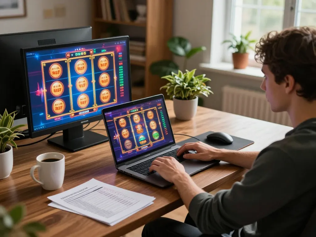 Engaging in strategic slot gameplay at DN88 with colorful graphics and cozy home ambiance.