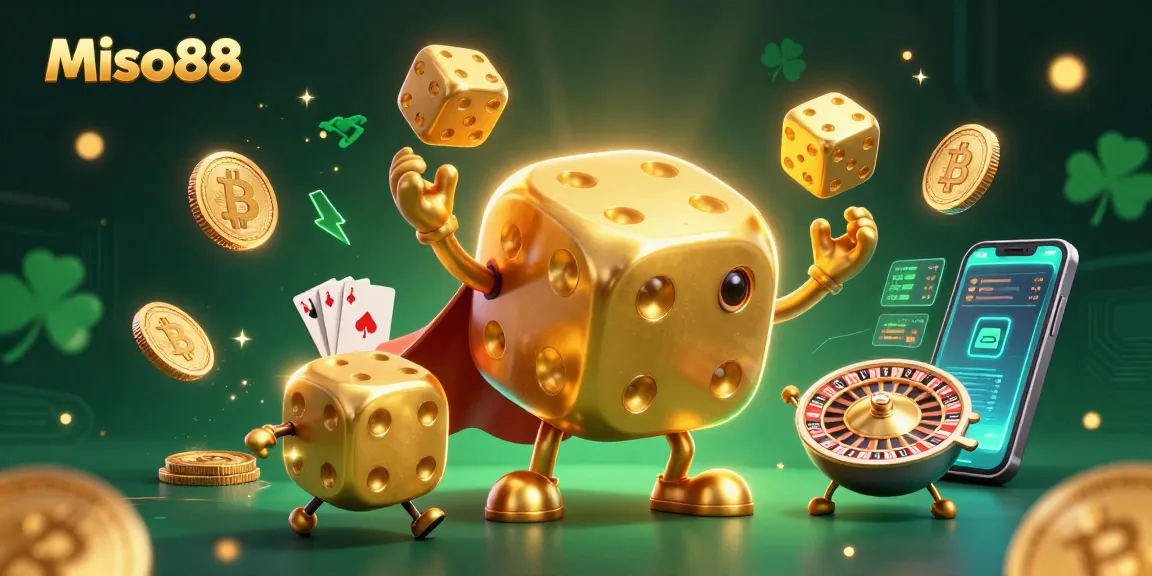 Miso88 offers exciting gaming experiences as a golden dice golem juggles winning opportunities in a vibrant casino scene.