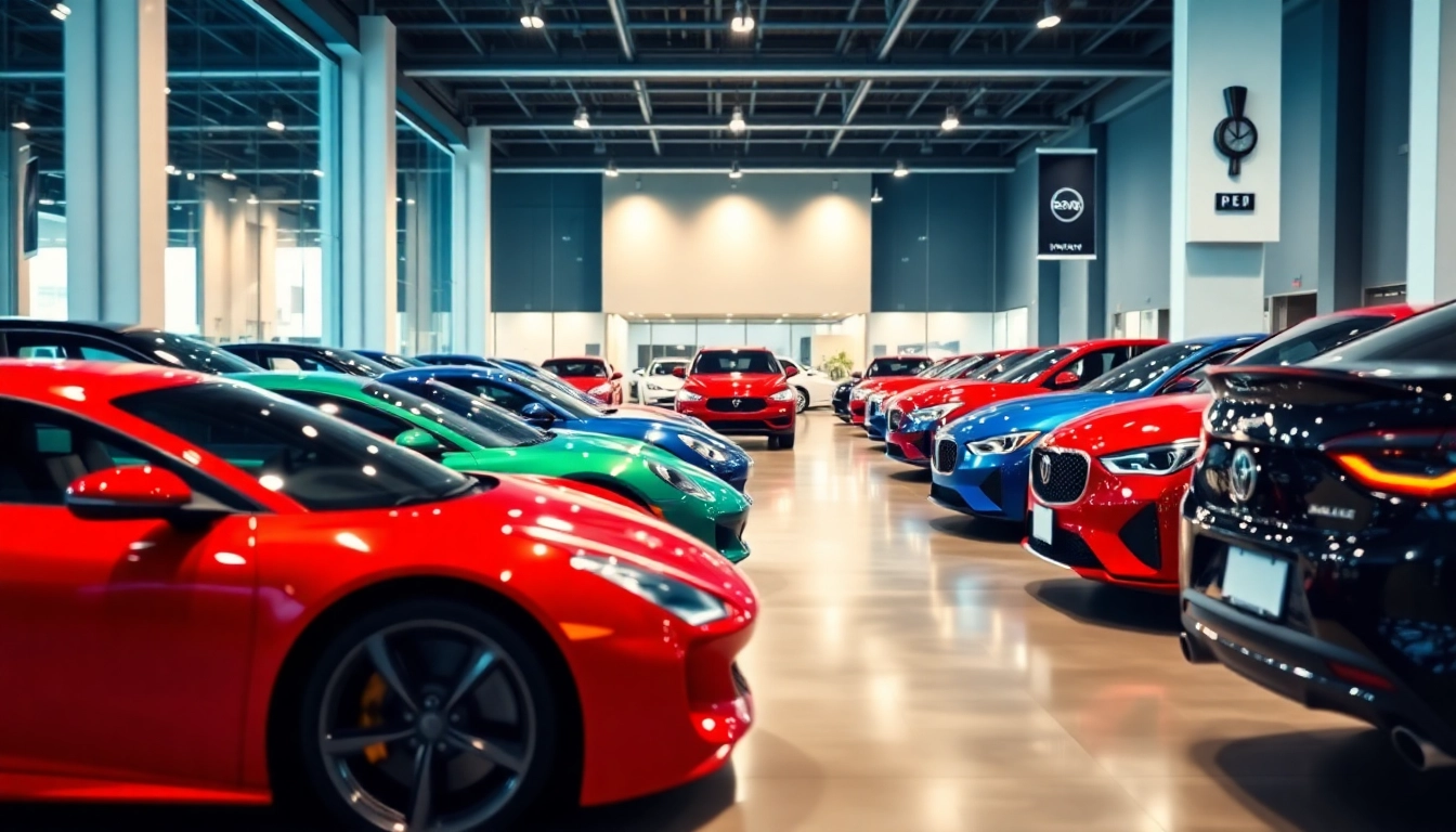 Auto kaufen in modernem Showroom mit verschiedenen Fahrzeugen und einladender Atmosphäre.